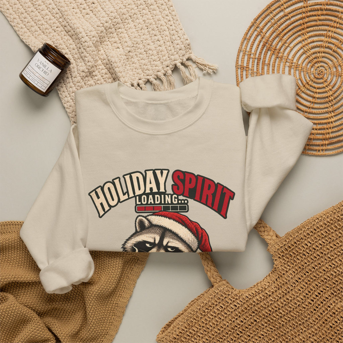 Holiday Spirit Loading – Funny Christmas Raccoon Crewneck Sweatshirt