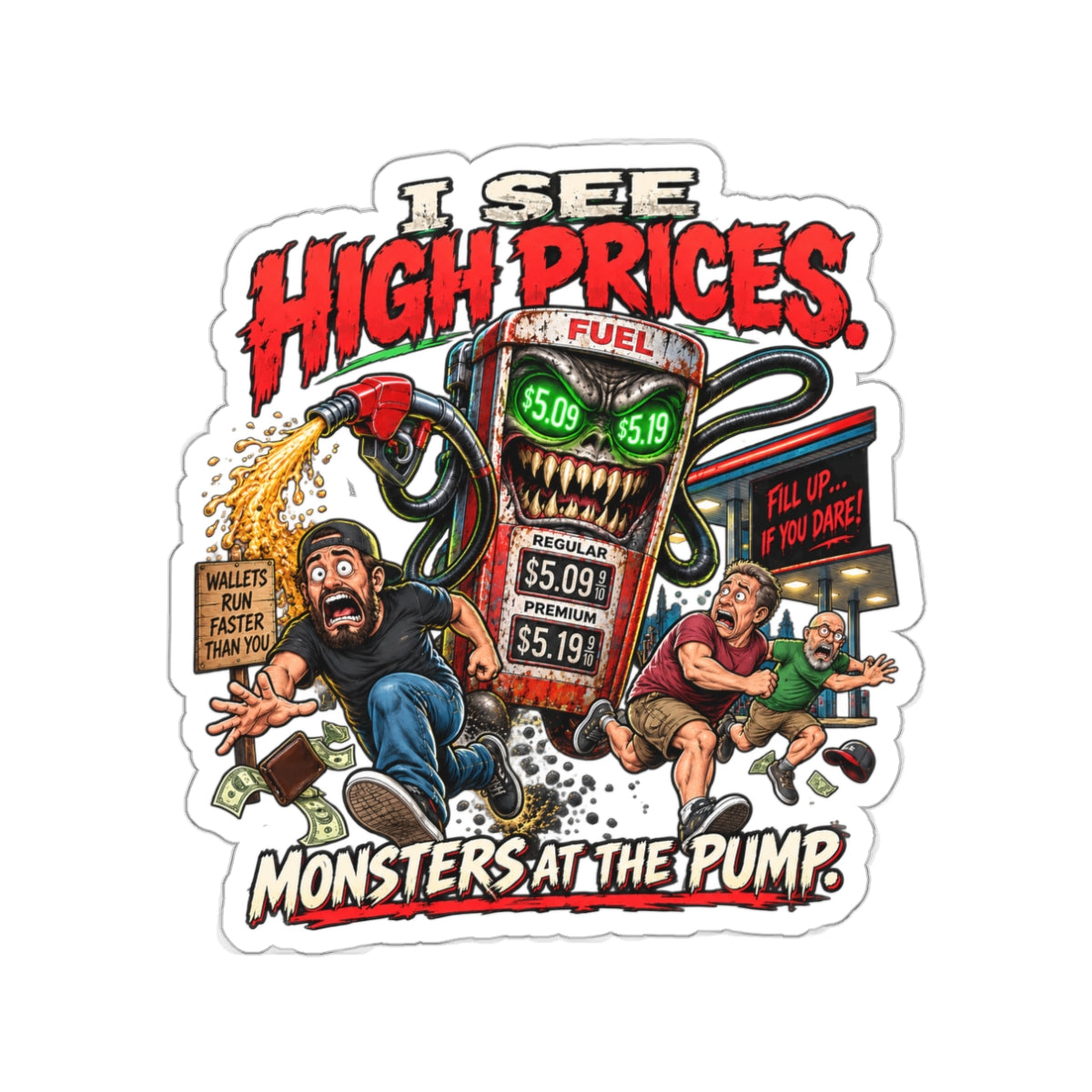 Funny Gas Price Sticker – Monsters at the Pump Die-Cut Decal