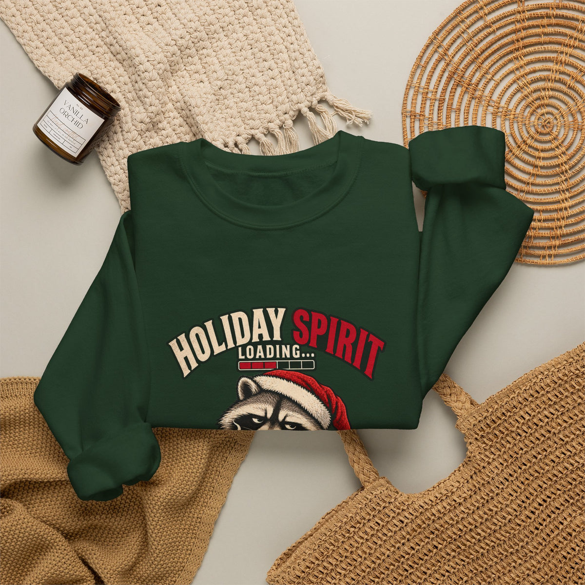 Holiday Spirit Loading – Funny Christmas Raccoon Crewneck Sweatshirt